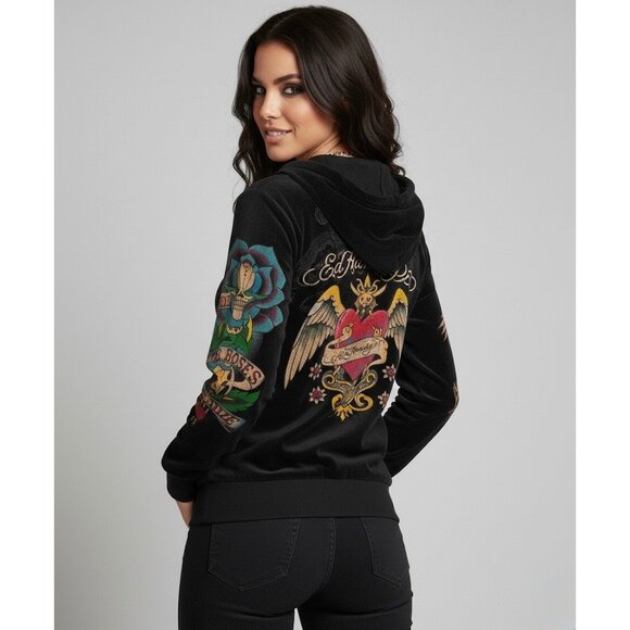Vtg Y2K Ed Hardy Black Velour Zip Up Skull Tattoo Hoodie McBling Jacket Womens S - Picture 6 of 11